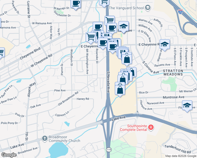 map of restaurants, bars, coffee shops, grocery stores, and more near 43 Old Broadmoor Road in Colorado Springs
