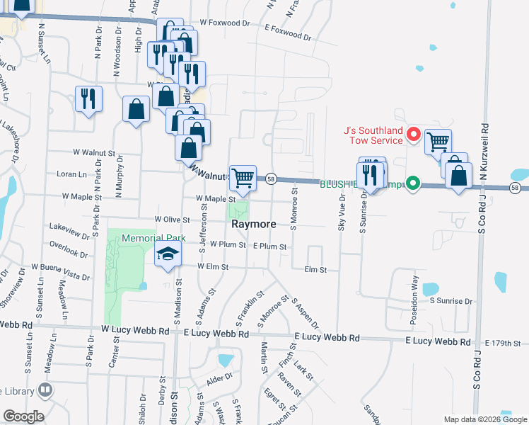 map of restaurants, bars, coffee shops, grocery stores, and more near in Raymore
