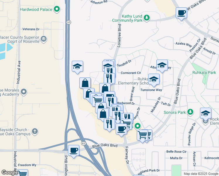 map of restaurants, bars, coffee shops, grocery stores, and more near 6600 Lonetree Boulevard in Rocklin