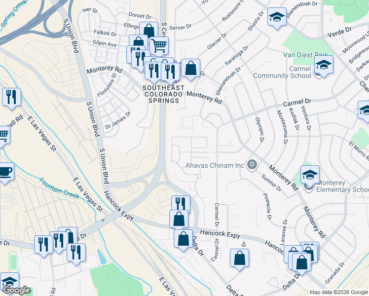 map of restaurants, bars, coffee shops, grocery stores, and more near 2110 Creekridge Point in Colorado Springs