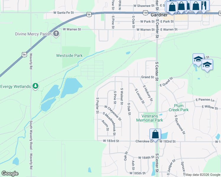 map of restaurants, bars, coffee shops, grocery stores, and more near 570 South Meadowbrook Street in Gardner
