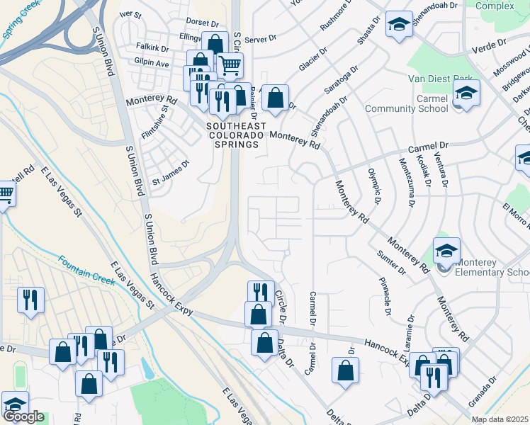 map of restaurants, bars, coffee shops, grocery stores, and more near 2115 Squawbush Ridge Grove in Colorado Springs