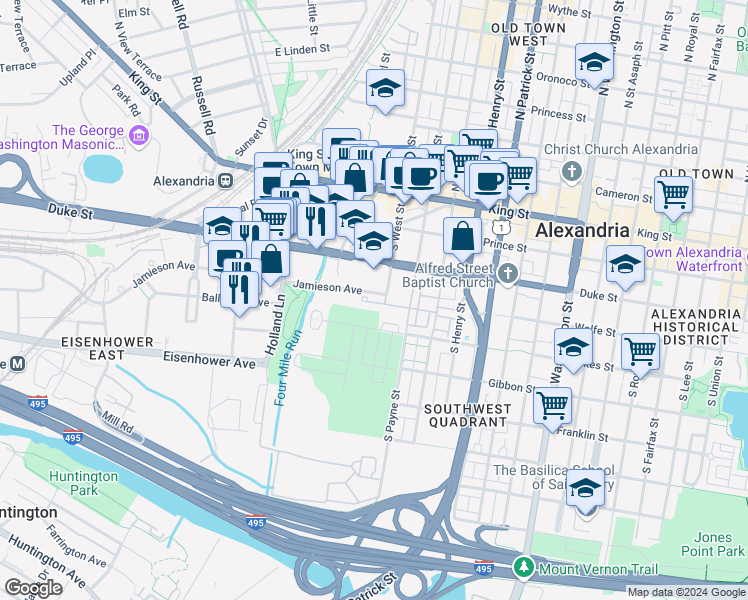 map of restaurants, bars, coffee shops, grocery stores, and more near 1405 Roundhouse Lane in Alexandria