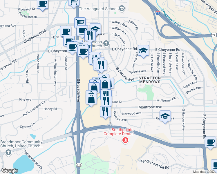 map of restaurants, bars, coffee shops, grocery stores, and more near 2130 Southgate Road in Colorado Springs