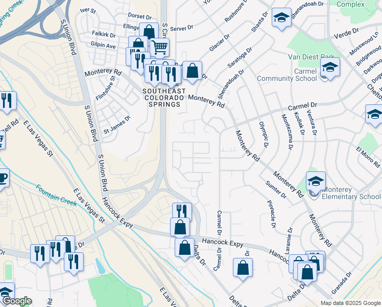 map of restaurants, bars, coffee shops, grocery stores, and more near 2110 Creekridge Point in Colorado Springs