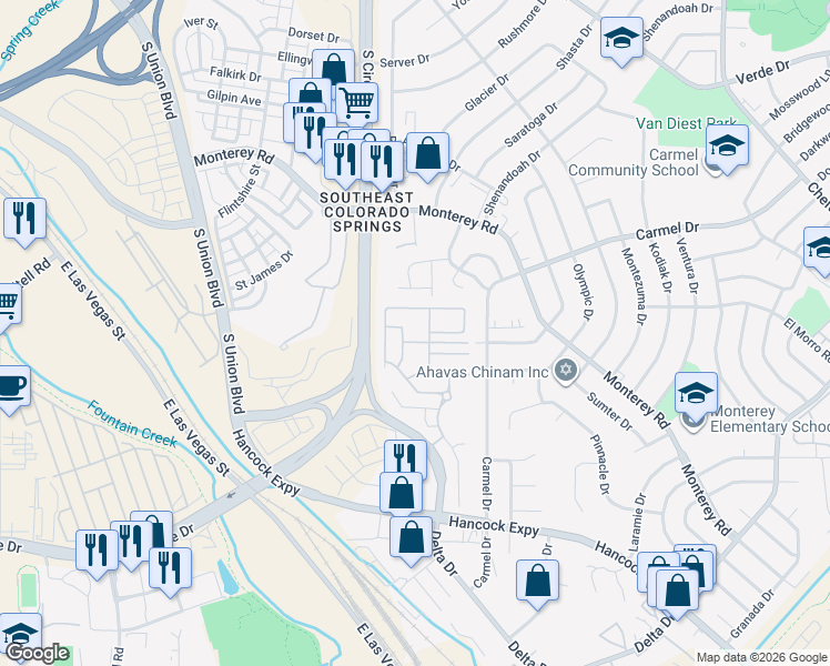 map of restaurants, bars, coffee shops, grocery stores, and more near 2110 Creekridge Point in Colorado Springs
