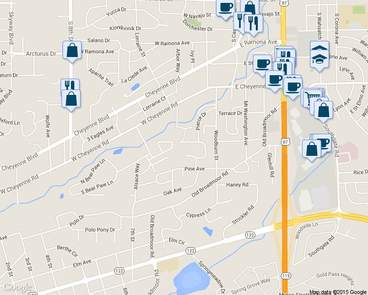 map of restaurants, bars, coffee shops, grocery stores, and more near 14 Newport Circle in Colorado Springs