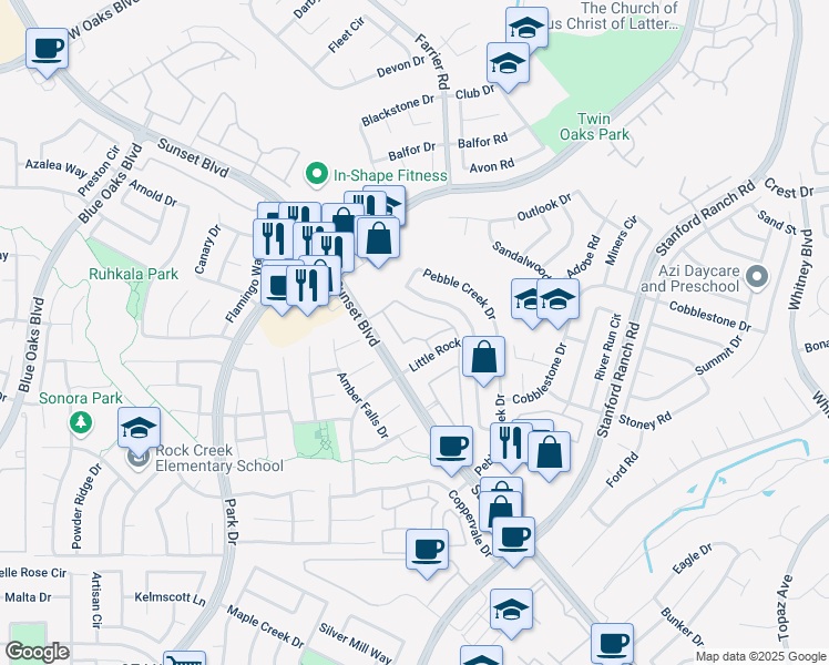 map of restaurants, bars, coffee shops, grocery stores, and more near 1905 Hendry Circle in Rocklin