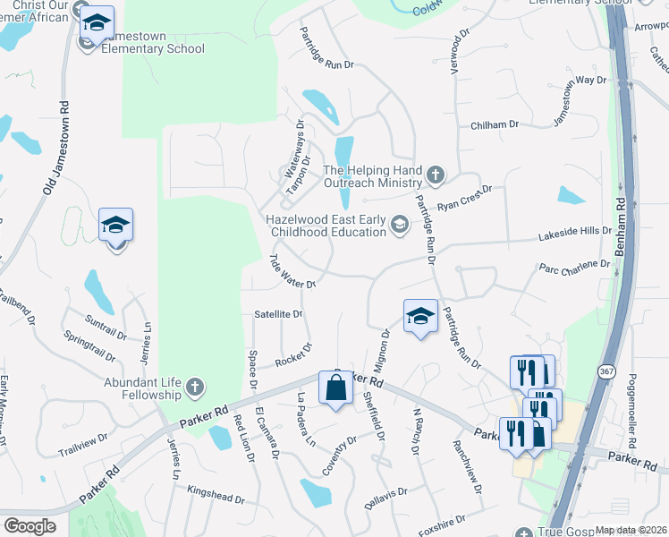map of restaurants, bars, coffee shops, grocery stores, and more near 6520 Lake Paddock Drive in Florissant