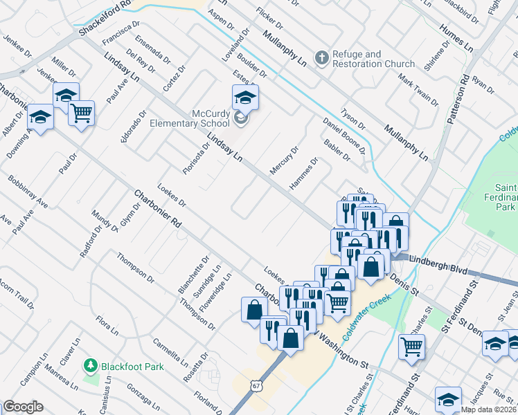map of restaurants, bars, coffee shops, grocery stores, and more near 100 La Venta Drive in Florissant
