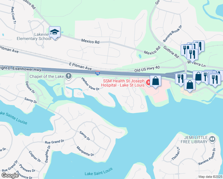 map of restaurants, bars, coffee shops, grocery stores, and more near 64 Breezy Knoll Lane in Lake Saint Louis