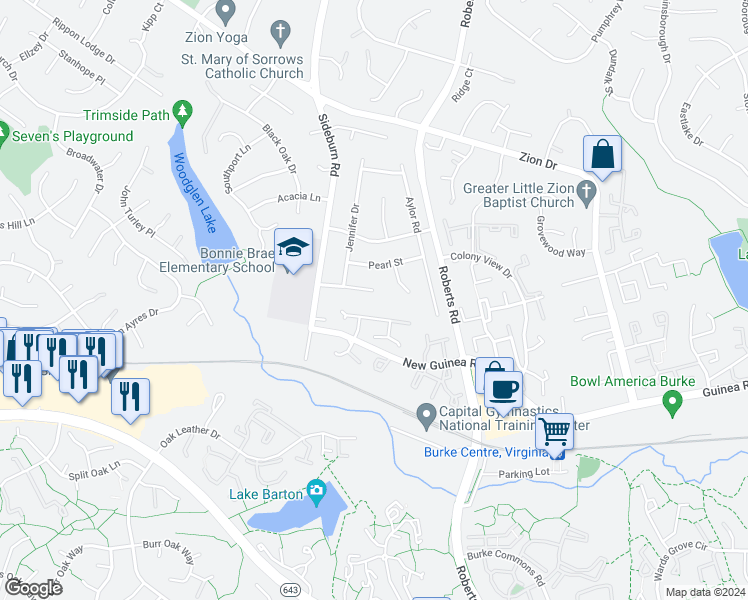 map of restaurants, bars, coffee shops, grocery stores, and more near 10411 Fyfe Court in Fairfax