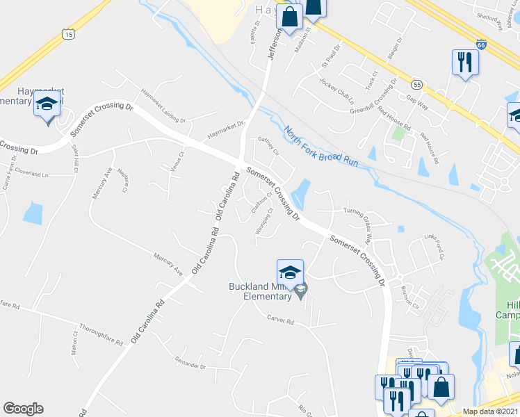 map of restaurants, bars, coffee shops, grocery stores, and more near 7109 Clarkton Court in Gainesville