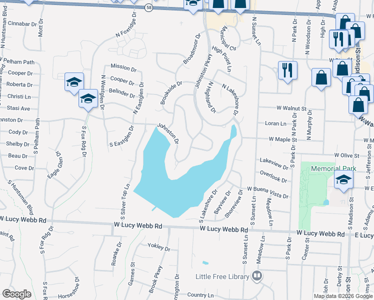 map of restaurants, bars, coffee shops, grocery stores, and more near 305 Johnston Drive in Raymore