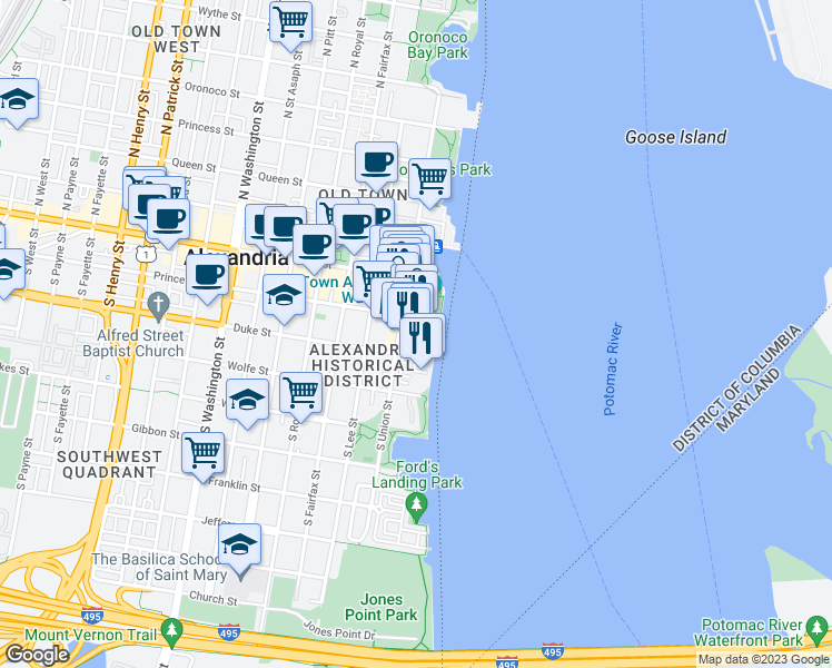 map of restaurants, bars, coffee shops, grocery stores, and more near 225 Strand Street in Alexandria