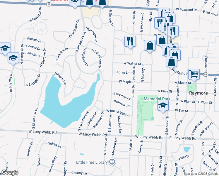 map of restaurants, bars, coffee shops, grocery stores, and more near 104 South Sunset Lane in Raymore