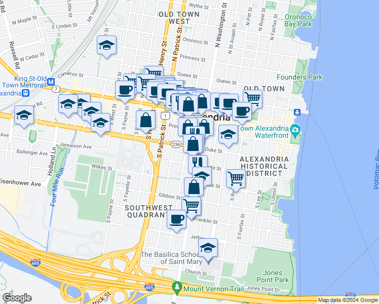 map of restaurants, bars, coffee shops, grocery stores, and more near 304 South Columbus Street in Alexandria