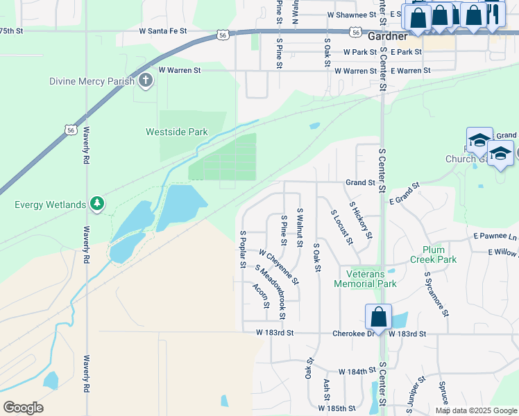map of restaurants, bars, coffee shops, grocery stores, and more near 531 South Poplar Street in Gardner