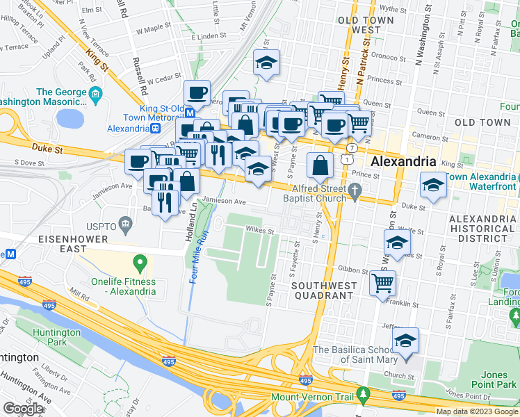 map of restaurants, bars, coffee shops, grocery stores, and more near 1405 Roundhouse Lane in Alexandria