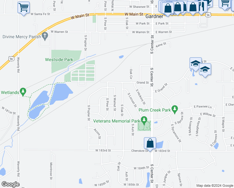 map of restaurants, bars, coffee shops, grocery stores, and more near 559 South Walnut Street in Gardner
