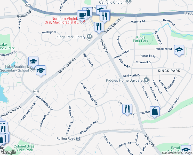 map of restaurants, bars, coffee shops, grocery stores, and more near 5438 Flint Tavern Place in Burke