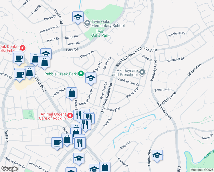 map of restaurants, bars, coffee shops, grocery stores, and more near 5732 River Run Circle in Rocklin