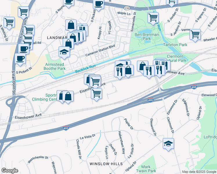 map of restaurants, bars, coffee shops, grocery stores, and more near 4850 Eisenhower Avenue in Alexandria