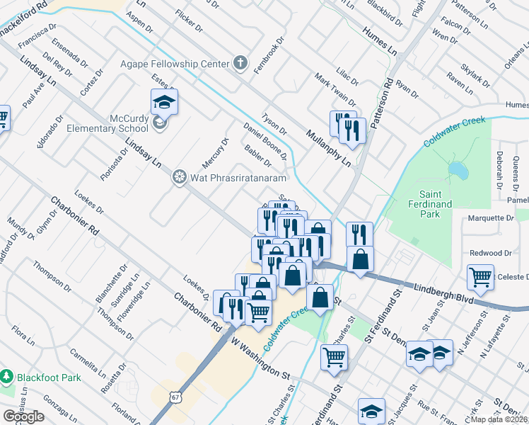 map of restaurants, bars, coffee shops, grocery stores, and more near 90 Ruth Drive in Florissant