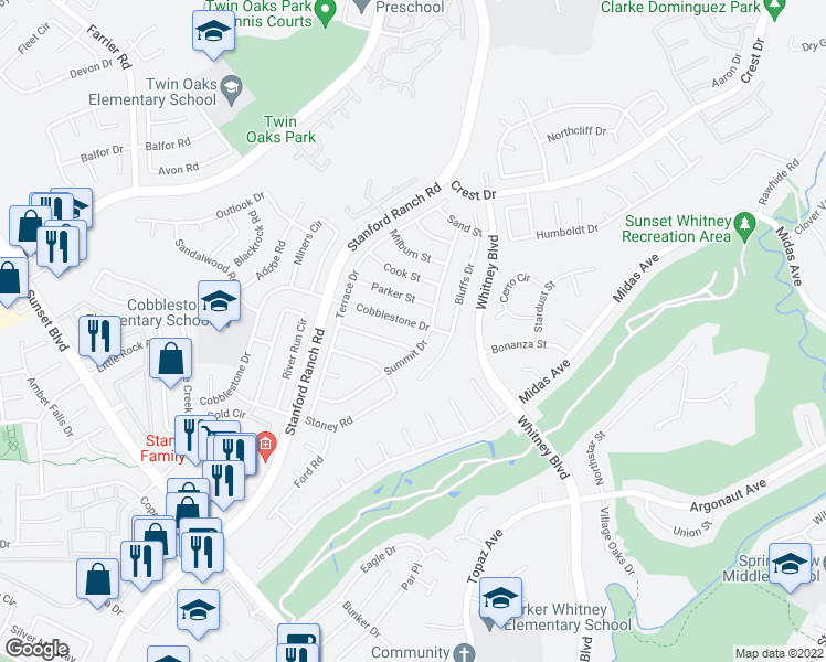 map of restaurants, bars, coffee shops, grocery stores, and more near 3456 Cobblestone Drive in Rocklin