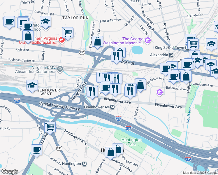 map of restaurants, bars, coffee shops, grocery stores, and more near 2470 Mandeville Lane in Alexandria