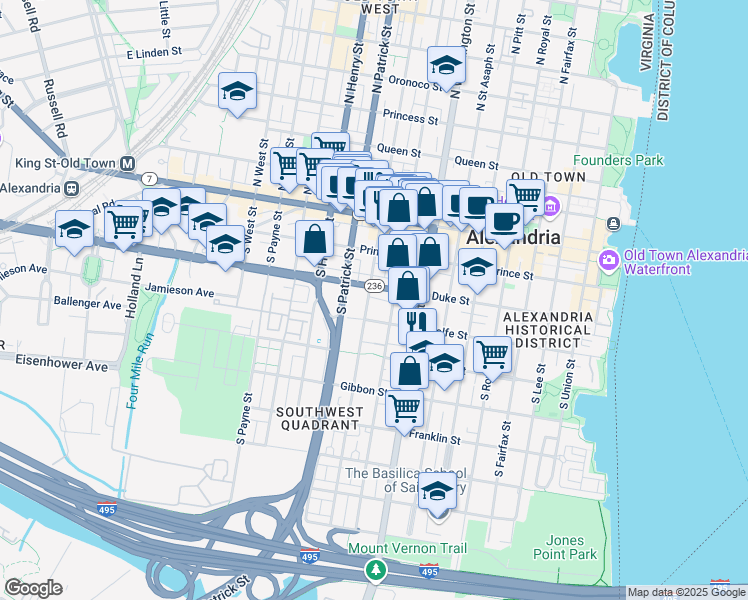 map of restaurants, bars, coffee shops, grocery stores, and more near 310 South Alfred Street in Alexandria