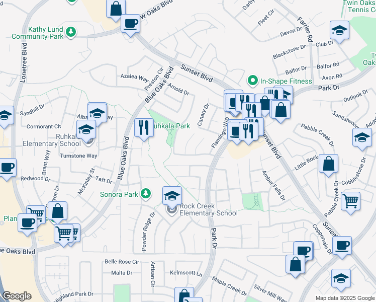 map of restaurants, bars, coffee shops, grocery stores, and more near 6304 Mallard Court in Rocklin