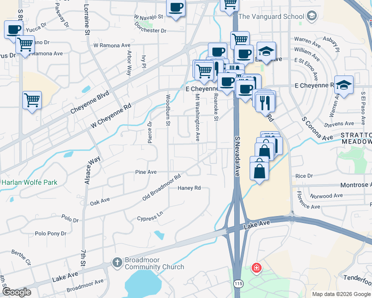 map of restaurants, bars, coffee shops, grocery stores, and more near in Colorado Springs