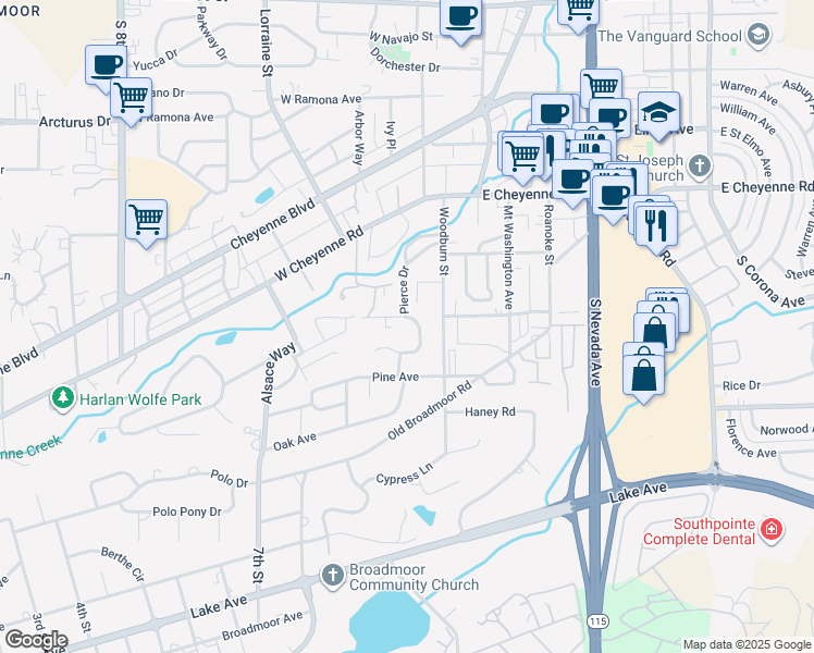 map of restaurants, bars, coffee shops, grocery stores, and more near 15 Newport Circle in Colorado Springs