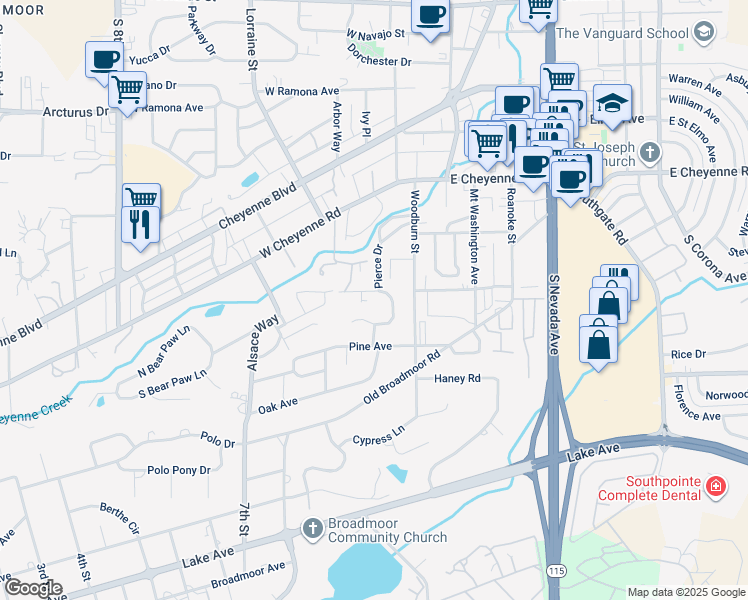 map of restaurants, bars, coffee shops, grocery stores, and more near 14 Newport Circle in Colorado Springs