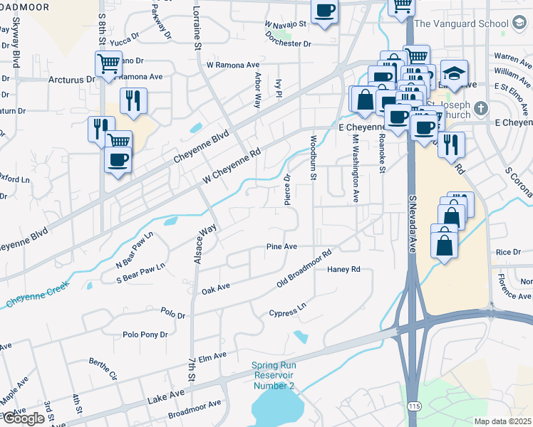 map of restaurants, bars, coffee shops, grocery stores, and more near 14 Newport Circle in Colorado Springs