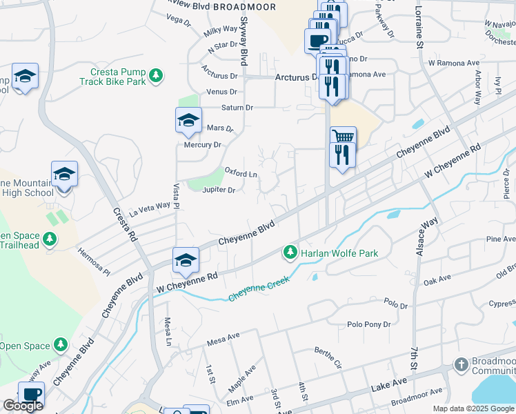 map of restaurants, bars, coffee shops, grocery stores, and more near 934 Cheyenne Boulevard in Colorado Springs
