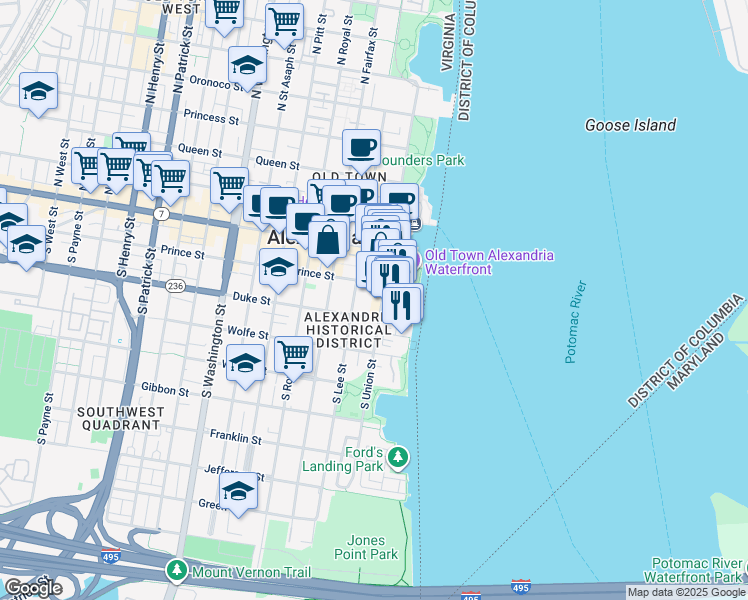 map of restaurants, bars, coffee shops, grocery stores, and more near 213 South Union Street in Alexandria