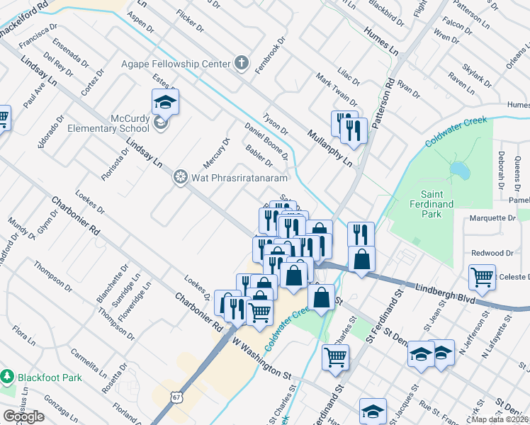 map of restaurants, bars, coffee shops, grocery stores, and more near 90 Ruth Drive in Florissant