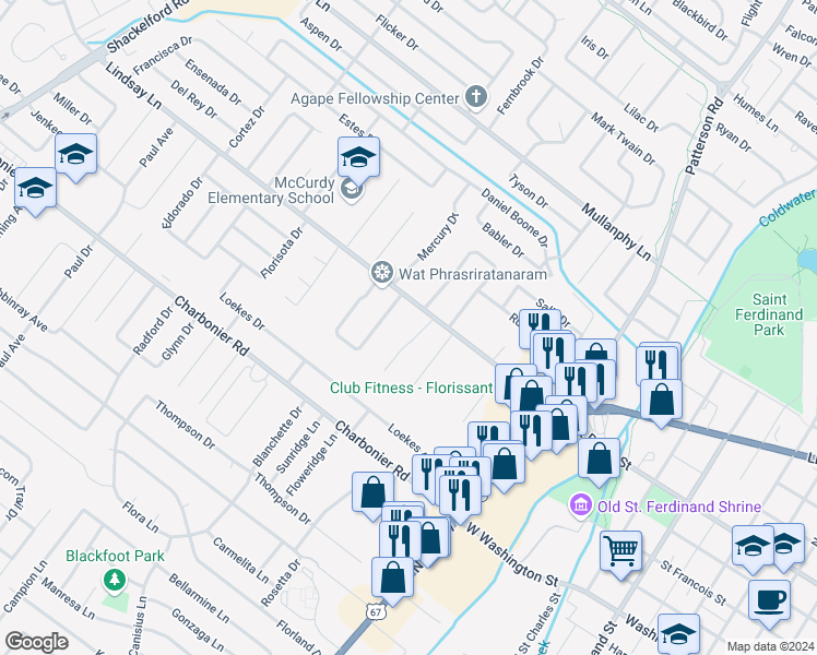 map of restaurants, bars, coffee shops, grocery stores, and more near 29 Mc Nulty Drive in Florissant