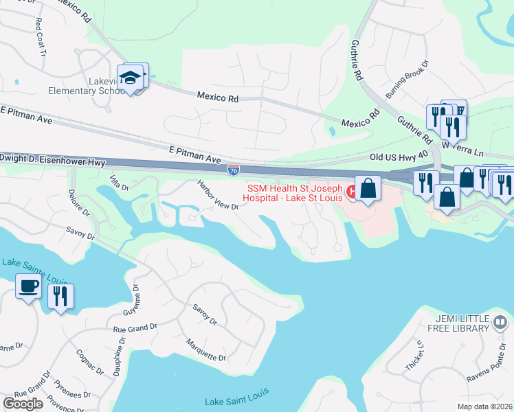 map of restaurants, bars, coffee shops, grocery stores, and more near 64 Breezy Knoll Lane in Lake Saint Louis