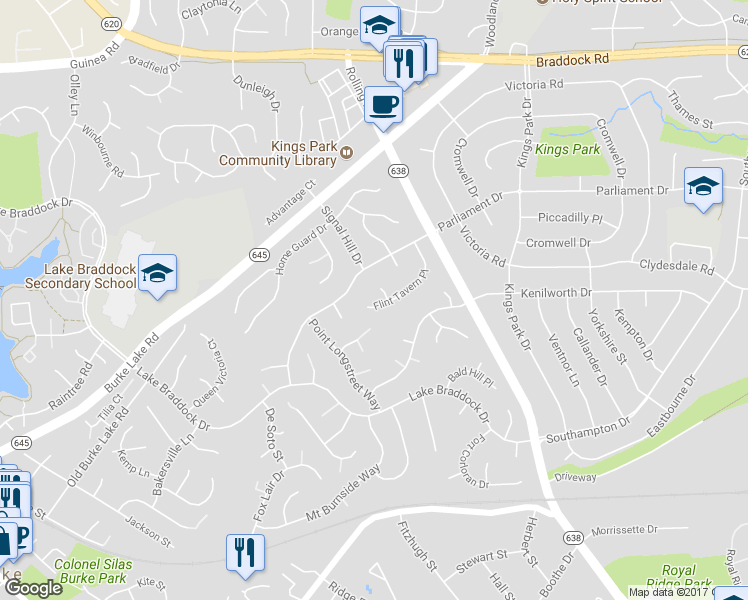 map of restaurants, bars, coffee shops, grocery stores, and more near 5438 Flint Tavern Place in Burke