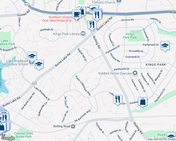 map of restaurants, bars, coffee shops, grocery stores, and more near 5440 Flint Tavern Place in Burke
