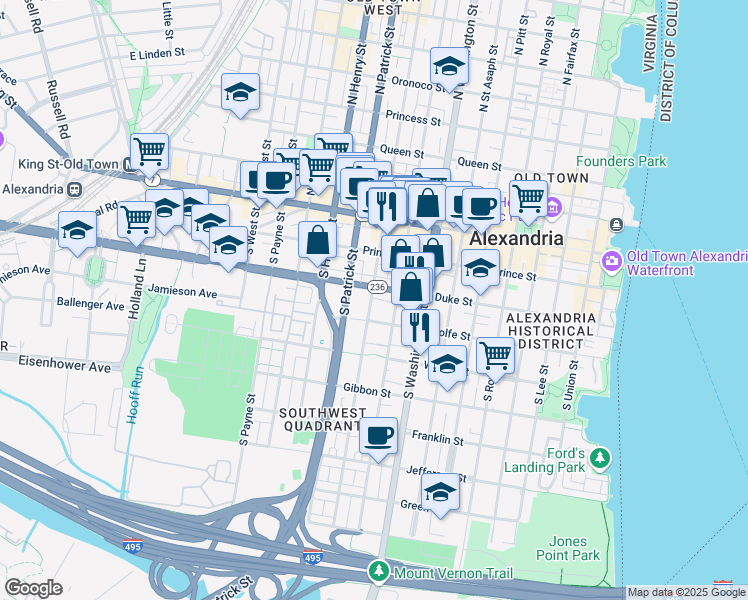 map of restaurants, bars, coffee shops, grocery stores, and more near 310 South Alfred Street in Alexandria