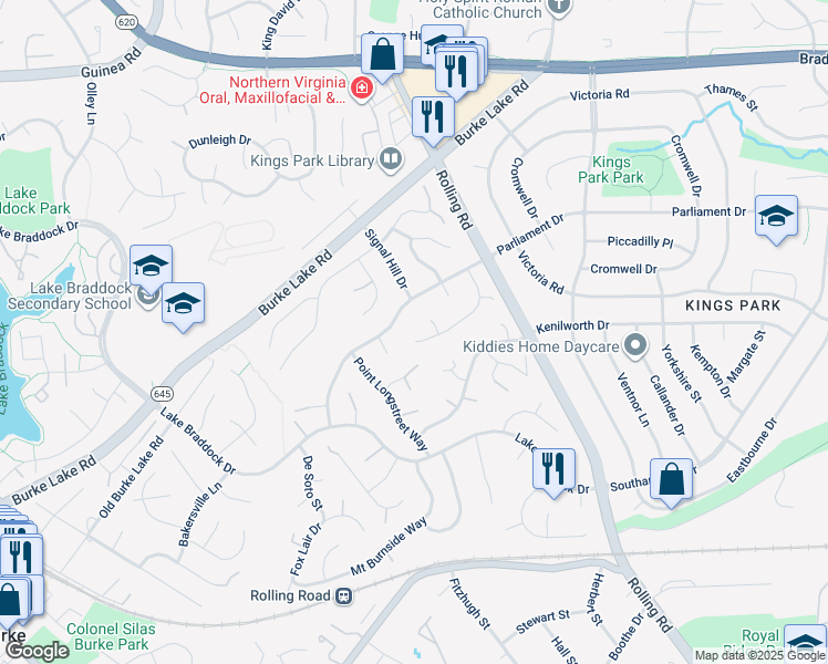 map of restaurants, bars, coffee shops, grocery stores, and more near 5440 Flint Tavern Place in Burke
