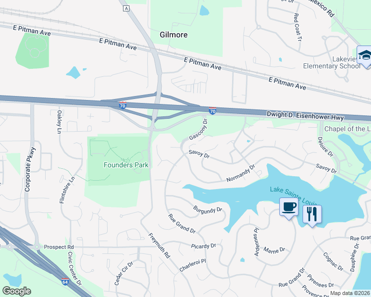map of restaurants, bars, coffee shops, grocery stores, and more near 2304 Gascony Drive in Lake Saint Louis