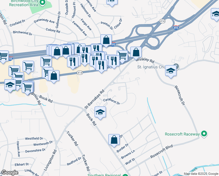 map of restaurants, bars, coffee shops, grocery stores, and more near 6311 Bentham Court in Fort Washington