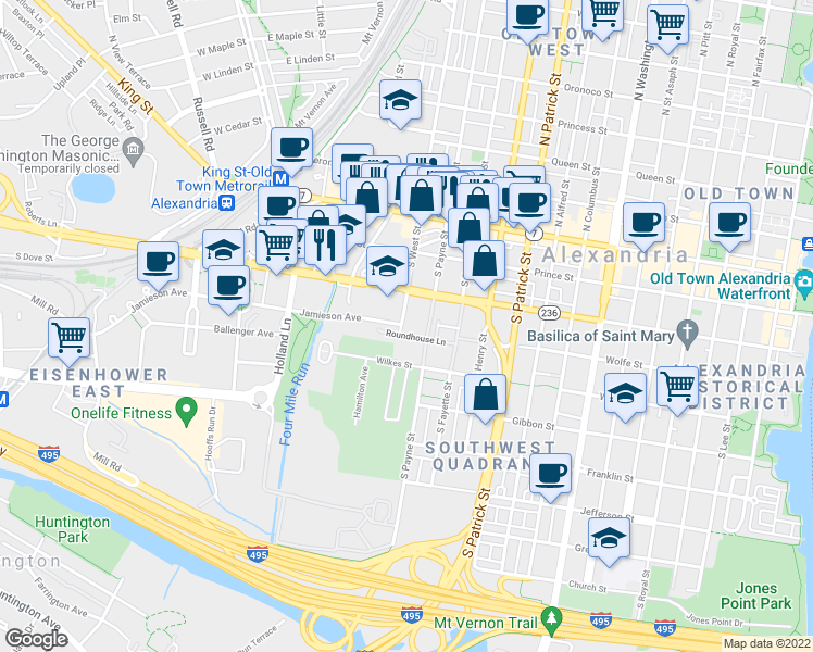 map of restaurants, bars, coffee shops, grocery stores, and more near 326 South West Street in Alexandria