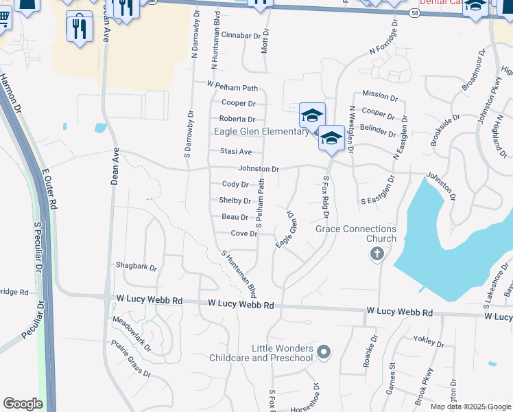 map of restaurants, bars, coffee shops, grocery stores, and more near 1603 Beau Drive in Raymore