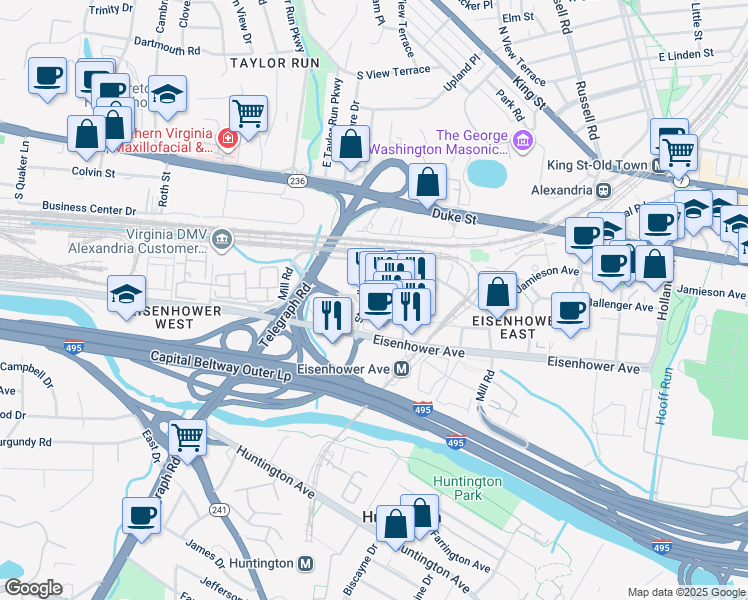 map of restaurants, bars, coffee shops, grocery stores, and more near 2470 Mandeville Lane in Alexandria